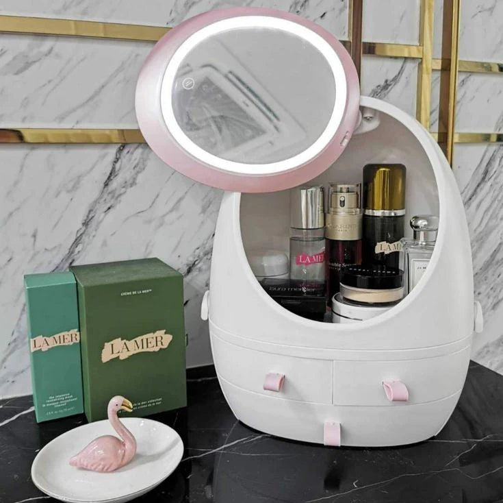 Oval Mirror Cosmetic Storage Organizer | LED Light Makeup Storage Box