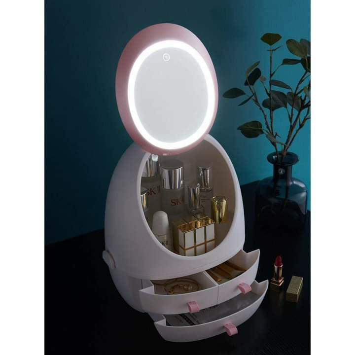 Oval Mirror Cosmetic Storage Organizer | LED Light Makeup Storage Box