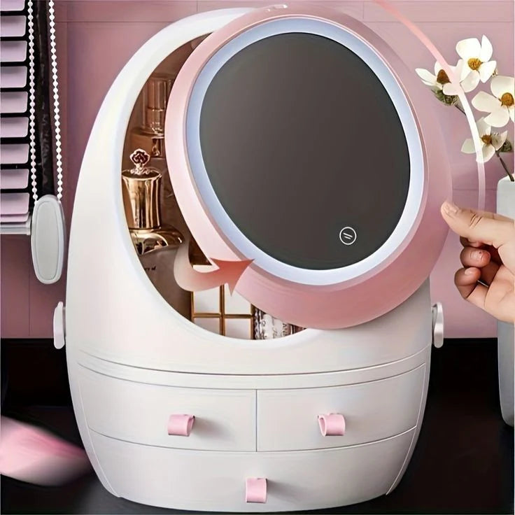 Oval Mirror Cosmetic Storage Organizer | LED Light Makeup Storage Box