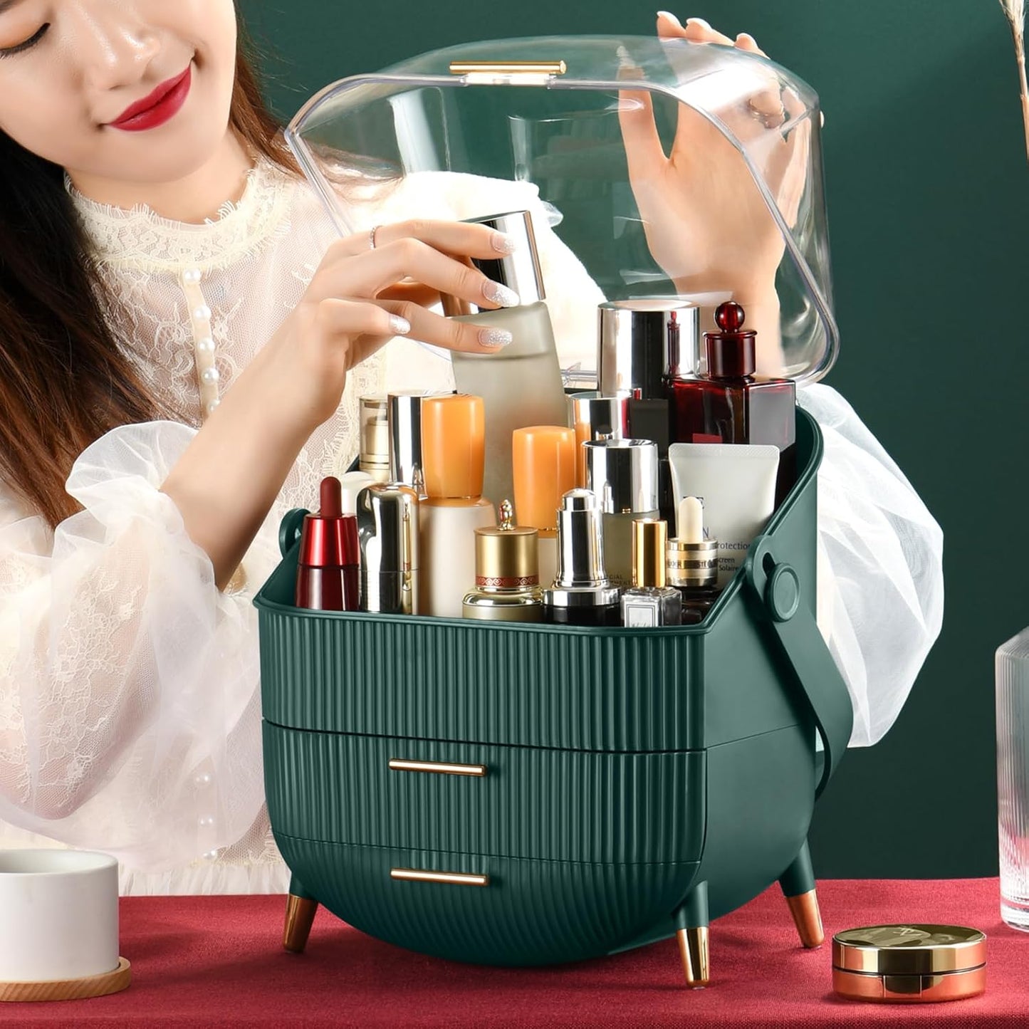 Makeup Storage Organizer with 2 Drawers & Lid Transparent Cover