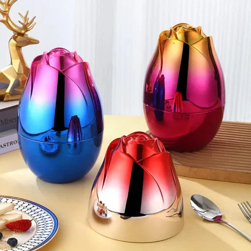 Luxury Rose-Shaped Fruit Fork Set in Pakistan – Stainless Steel Dessert & Appetizer Forks with Golden Storage Case