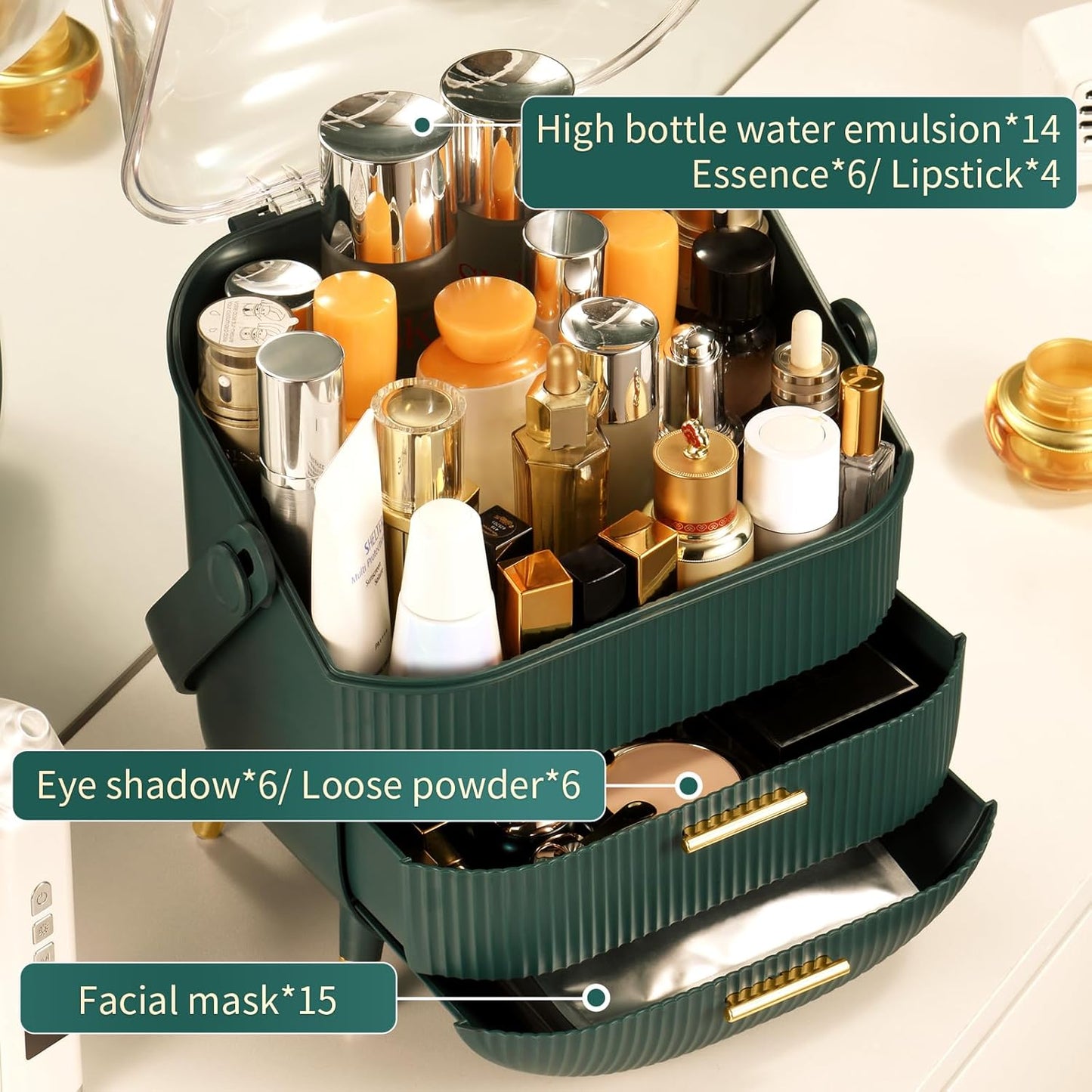 Makeup Storage Organizer with 2 Drawers & Lid Transparent Cover